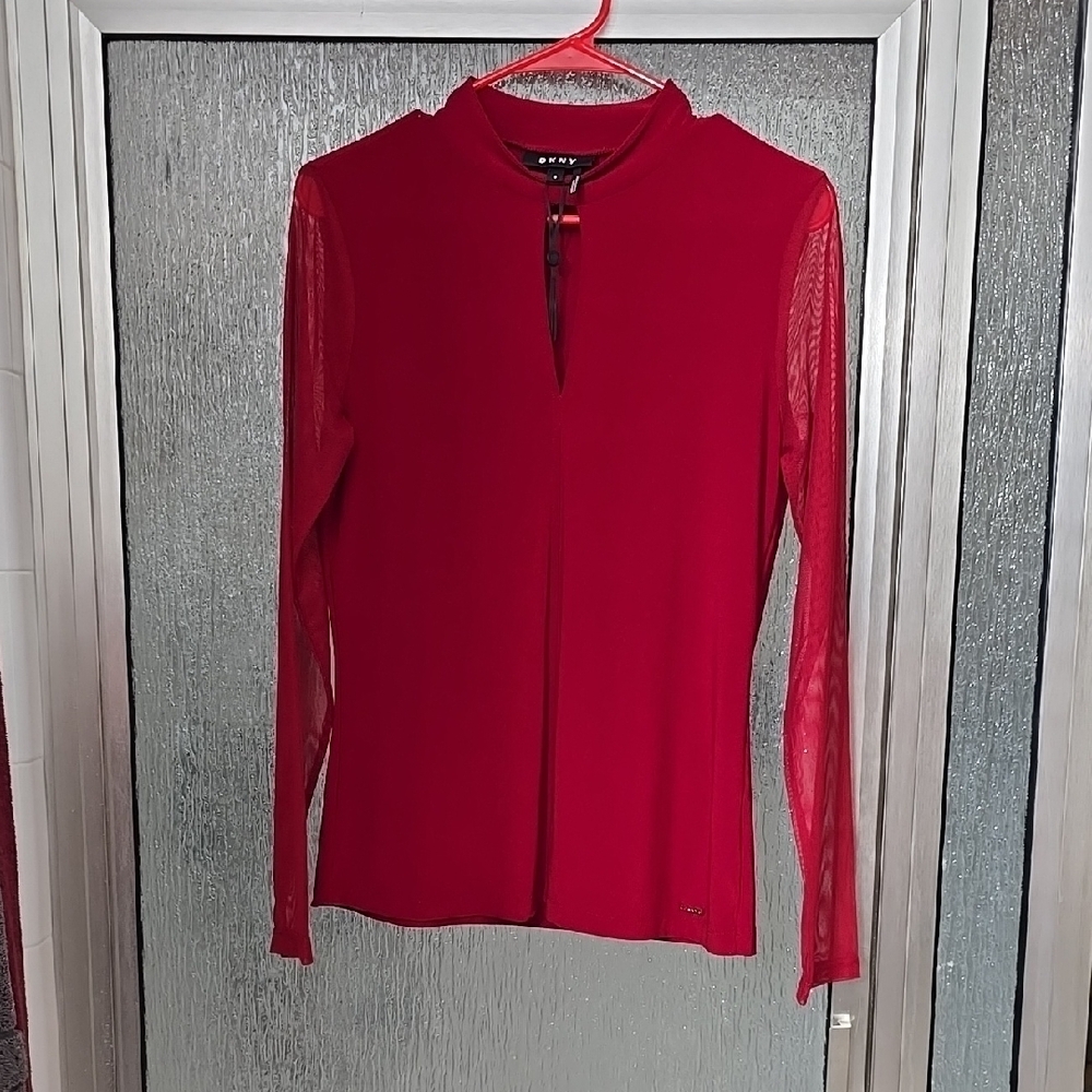 DKNY Red Sheer Sleeve Blouse